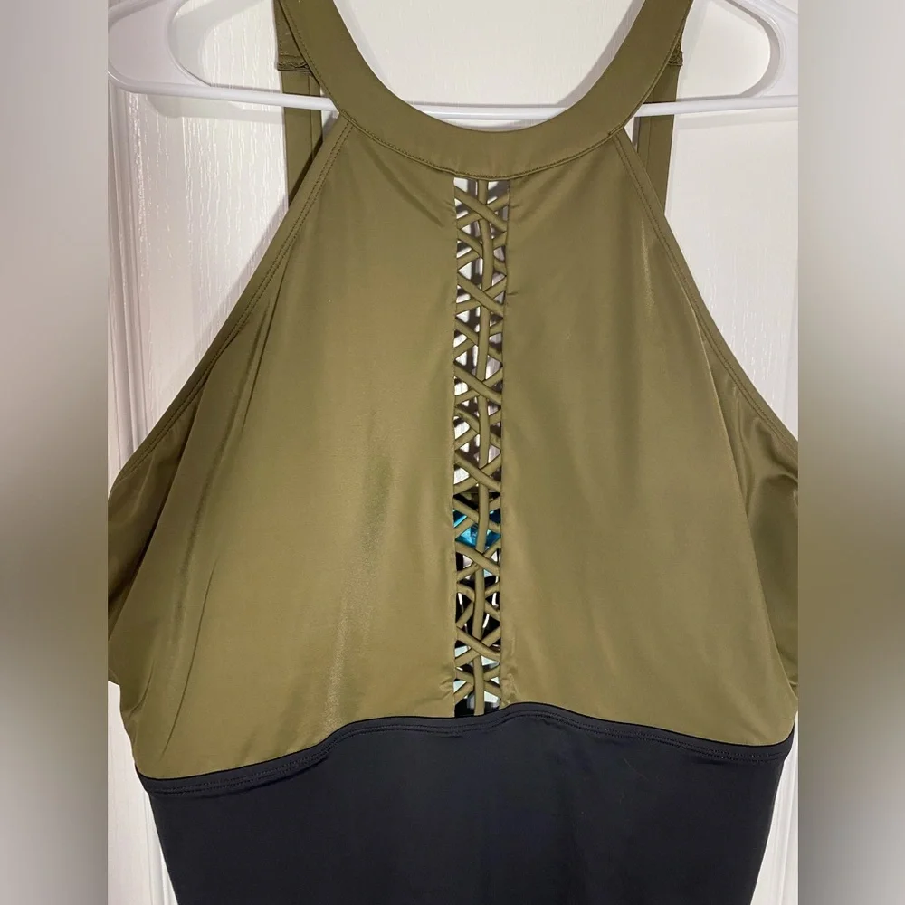 Coastal Blue One Piece Halter Swimsuit w/ Cut Out Detail Olive Black Size 2X